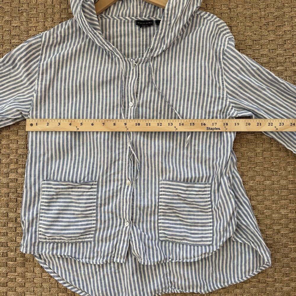 Tahari 100% Linen Tunic Blouse Blue Stripe Women’s Size Medium Has Hood - Picture 8 of 9